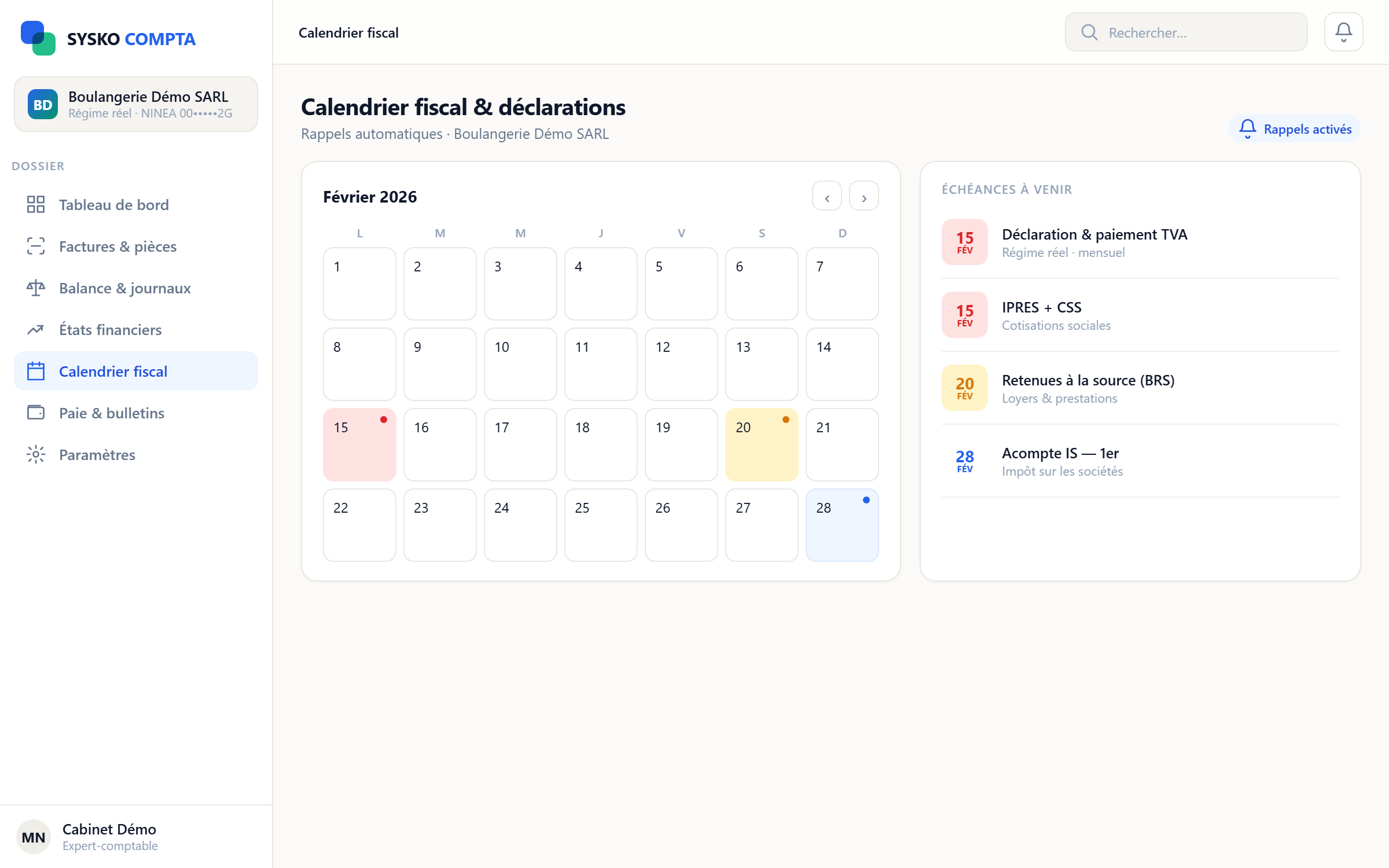 Calendrier fiscal & rappels